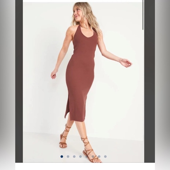 Old Navy Fitted Sleeveless Halter Rib Knit Midi Dress in Root Beer - Picture 1 of 6